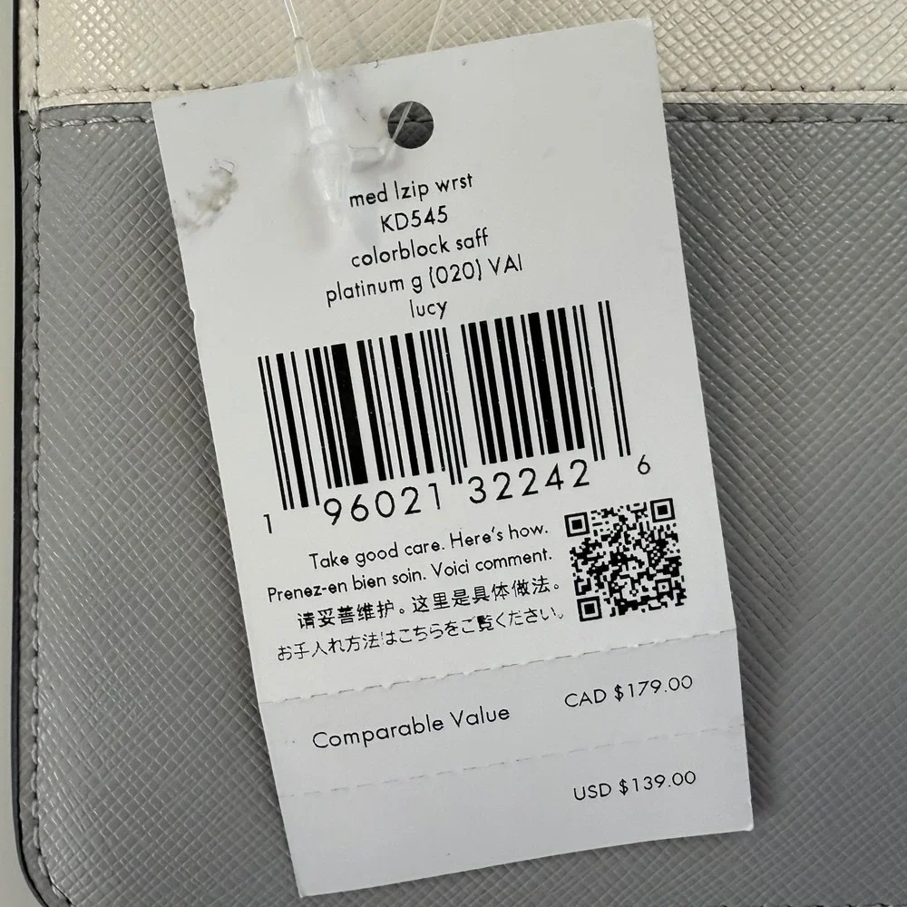 Kate Spade Colorblock Saffiano‎ Leather Medium L-Zip Wristlet Grey White DEFECT